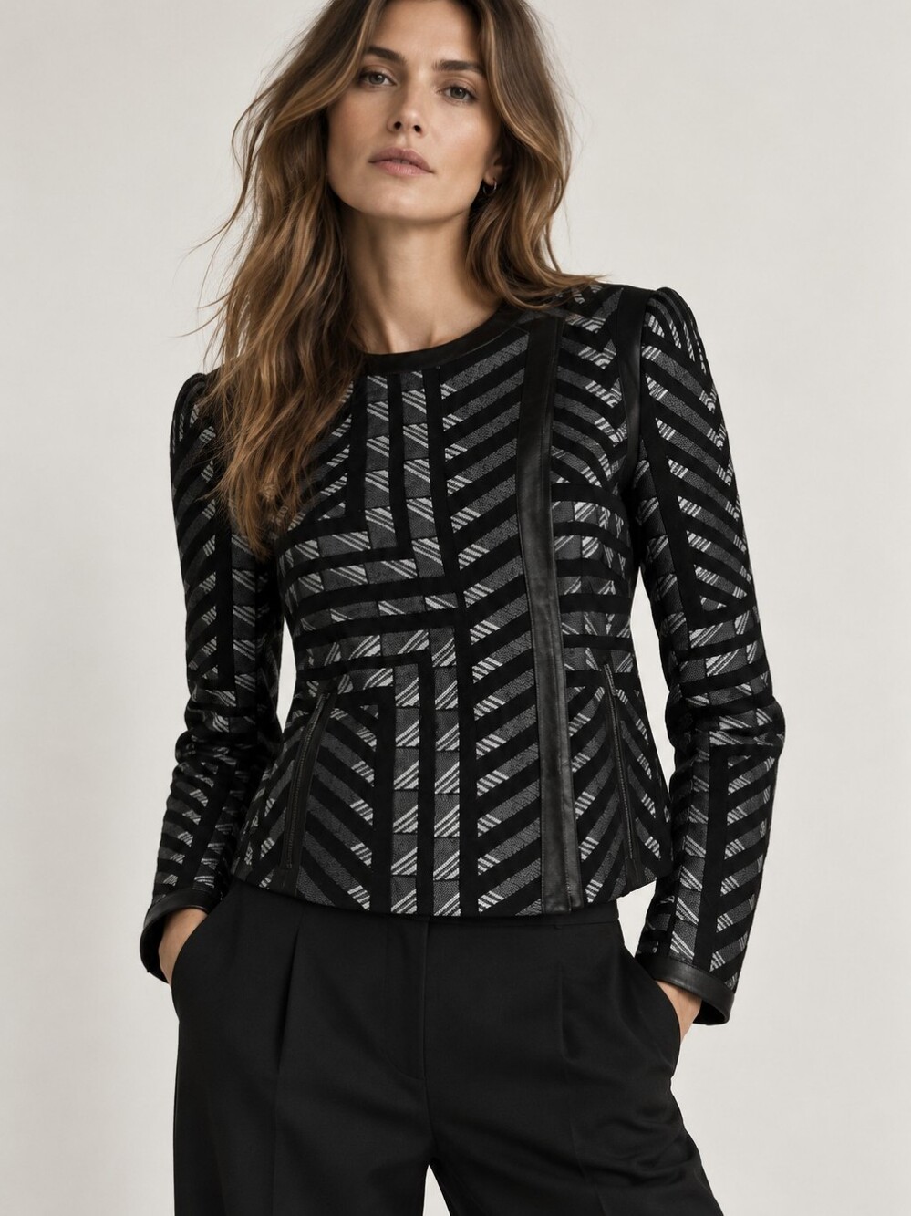 NWT DIANE VON FURSTENBURG DVF Monochrome Jacquard Leather Trim Esther Jacket 10